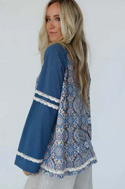New Dear-Lover Geometric Printed Lace Patchwork Ric Rac Raglan Long Sleeve Top Blue