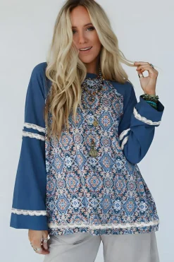 New Dear-Lover Geometric Printed Lace Patchwork Ric Rac Raglan Long Sleeve Top Blue