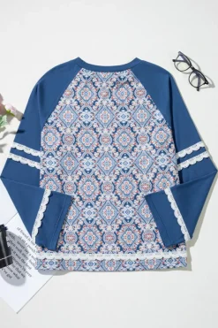 New Dear-Lover Geometric Printed Lace Patchwork Ric Rac Raglan Long Sleeve Top Blue