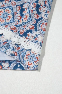 New Dear-Lover Geometric Printed Lace Patchwork Ric Rac Raglan Long Sleeve Top Blue