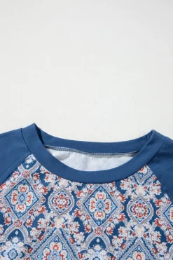 New Dear-Lover Geometric Printed Lace Patchwork Ric Rac Raglan Long Sleeve Top Blue