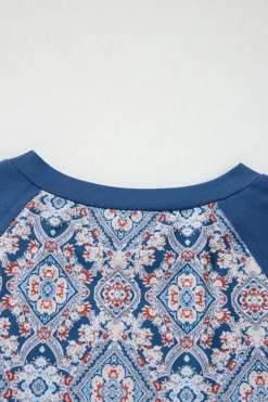 New Dear-Lover Geometric Printed Lace Patchwork Ric Rac Raglan Long Sleeve Top Blue
