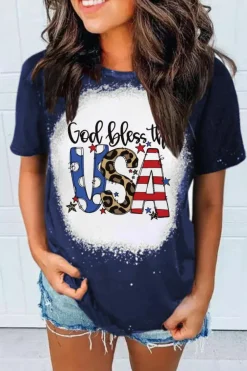 New Dear-Lover God Bless the USA Print Tie Dye T-Shirt Blue