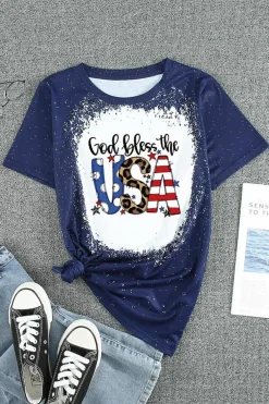 New Dear-Lover God Bless the USA Print Tie Dye T-Shirt Blue