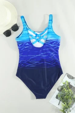 Fashion Dear-Lover Gradient Criss Cross Back One Piece Swimsuit Blue