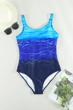 Fashion Dear-Lover Gradient Criss Cross Back One Piece Swimsuit Blue