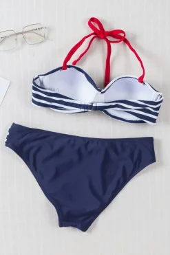 Online Dear-Lover Halter Bandeau Striped Bikini Blue