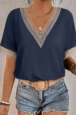Clearance Dear-Lover Blue Lace Trim V Neck Short Sleeve Blouse Blue-2