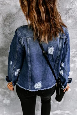 Discount Dear-Lover Lapel Distressed Raw Hem Buttons Denim Jacket Blue