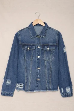 Discount Dear-Lover Lapel Distressed Raw Hem Buttons Denim Jacket Blue