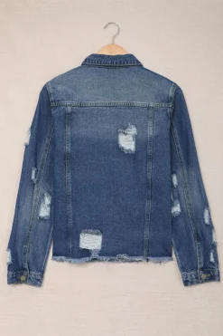 Discount Dear-Lover Lapel Distressed Raw Hem Buttons Denim Jacket Blue