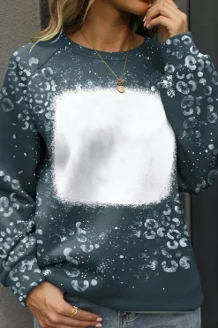 Clearance Dear-Lover Leopard Bleached Raglan Sleeve Crewneck Sweatshirt Blue