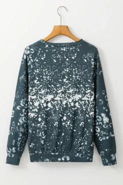 Clearance Dear-Lover Leopard Bleached Raglan Sleeve Crewneck Sweatshirt Blue