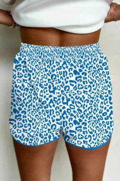 Best Dear-Lover Leopard Elastic Waist Lace up Contrast Trim Casual Shorts Blue