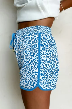 Best Dear-Lover Leopard Elastic Waist Lace up Contrast Trim Casual Shorts Blue