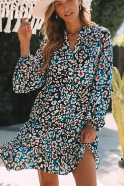 Outlet Dear-Lover Leopard Print Bubble Sleeve Ruffled Shirt Dress Blue