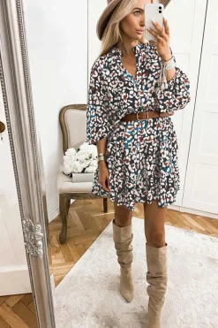 Outlet Dear-Lover Leopard Print Bubble Sleeve Ruffled Shirt Dress Blue