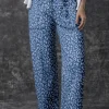Clearance Dear-Lover Leopard Printed Drawstring Waist Pocketed Wide Leg Jeans Blue