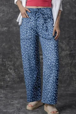 Clearance Dear-Lover Leopard Printed Drawstring Waist Pocketed Wide Leg Jeans Blue