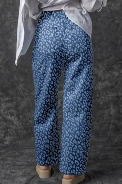 Clearance Dear-Lover Leopard Printed Drawstring Waist Pocketed Wide Leg Jeans Blue