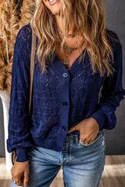 Outlet Dear-Lover Lightweight Buttoned Front Crochet Cardigan Blue