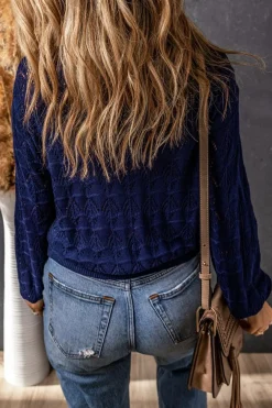 Outlet Dear-Lover Lightweight Buttoned Front Crochet Cardigan Blue