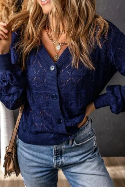 Outlet Dear-Lover Lightweight Buttoned Front Crochet Cardigan Blue