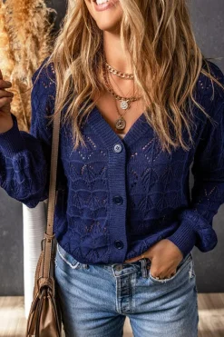 Outlet Dear-Lover Lightweight Buttoned Front Crochet Cardigan Blue