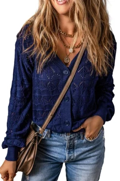 Outlet Dear-Lover Lightweight Buttoned Front Crochet Cardigan Blue