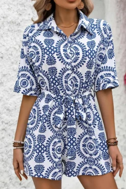 Fashion Dear-Lover Mandala Printed Short Sleeve Belted Shirt Romper Blue