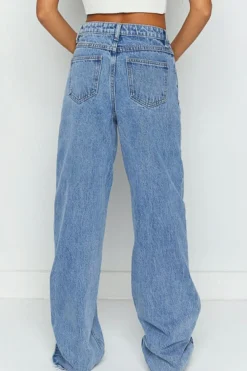 Clearance Dear-Lover Mid Rise Asymmetrical Waist Wide Leg Jeans Blue