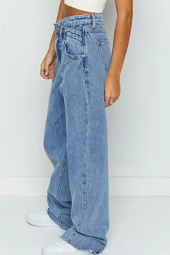 Clearance Dear-Lover Mid Rise Asymmetrical Waist Wide Leg Jeans Blue