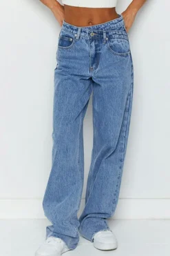 Clearance Dear-Lover Mid Rise Asymmetrical Waist Wide Leg Jeans Blue