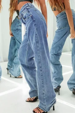 Clearance Dear-Lover Mid Rise Asymmetrical Waist Wide Leg Jeans Blue