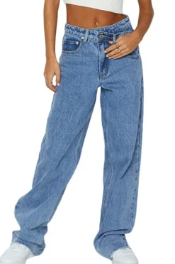 Clearance Dear-Lover Mid Rise Asymmetrical Waist Wide Leg Jeans Blue