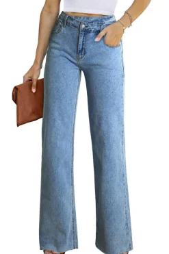 Clearance Dear-Lover Mid Rise Asymmetrical Waist Wide Leg Jeans Blue