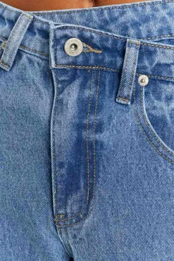 Clearance Dear-Lover Mid Rise Asymmetrical Waist Wide Leg Jeans Blue