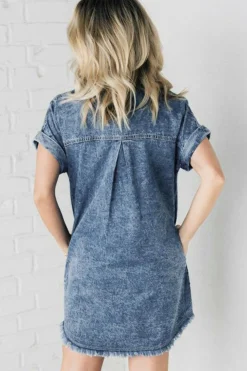 Best Dear-Lover Mineral Wash Cuffed Sleeve Frayed Hem Denim Dress Blue