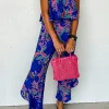New Dear-Lover Mix Tropical Print Strapless Ruffled Jumpsuit Blue