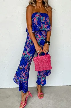 New Dear-Lover Mix Tropical Print Strapless Ruffled Jumpsuit Blue