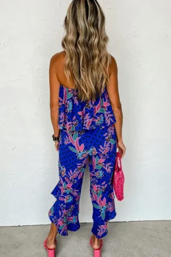 New Dear-Lover Mix Tropical Print Strapless Ruffled Jumpsuit Blue