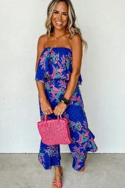 New Dear-Lover Mix Tropical Print Strapless Ruffled Jumpsuit Blue