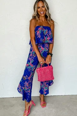 New Dear-Lover Mix Tropical Print Strapless Ruffled Jumpsuit Blue
