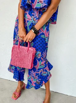 New Dear-Lover Mix Tropical Print Strapless Ruffled Jumpsuit Blue