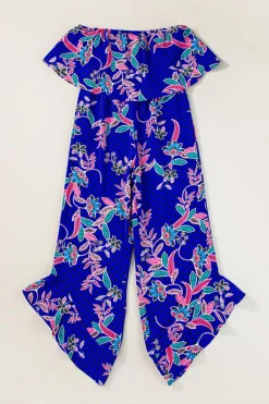 New Dear-Lover Mix Tropical Print Strapless Ruffled Jumpsuit Blue