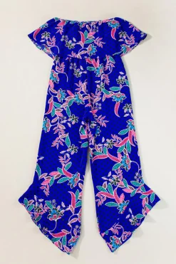 New Dear-Lover Mix Tropical Print Strapless Ruffled Jumpsuit Blue