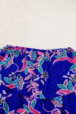 New Dear-Lover Mix Tropical Print Strapless Ruffled Jumpsuit Blue