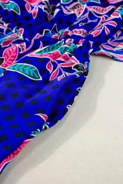 New Dear-Lover Mix Tropical Print Strapless Ruffled Jumpsuit Blue
