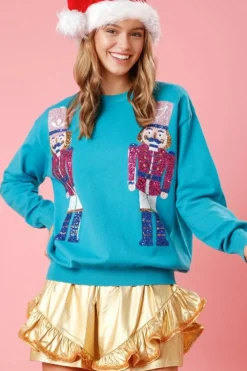 Sale Dear-Lover Nutcracker Christmas Crew Neck Sweatshirt Blue