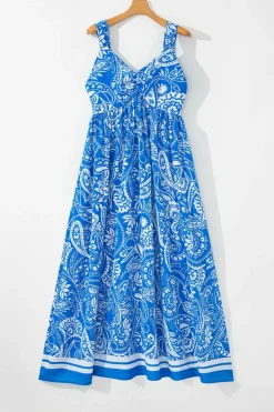 Hot Dear-Lover Paisley V Neck Crisscross Backless Maxi Dress Blue